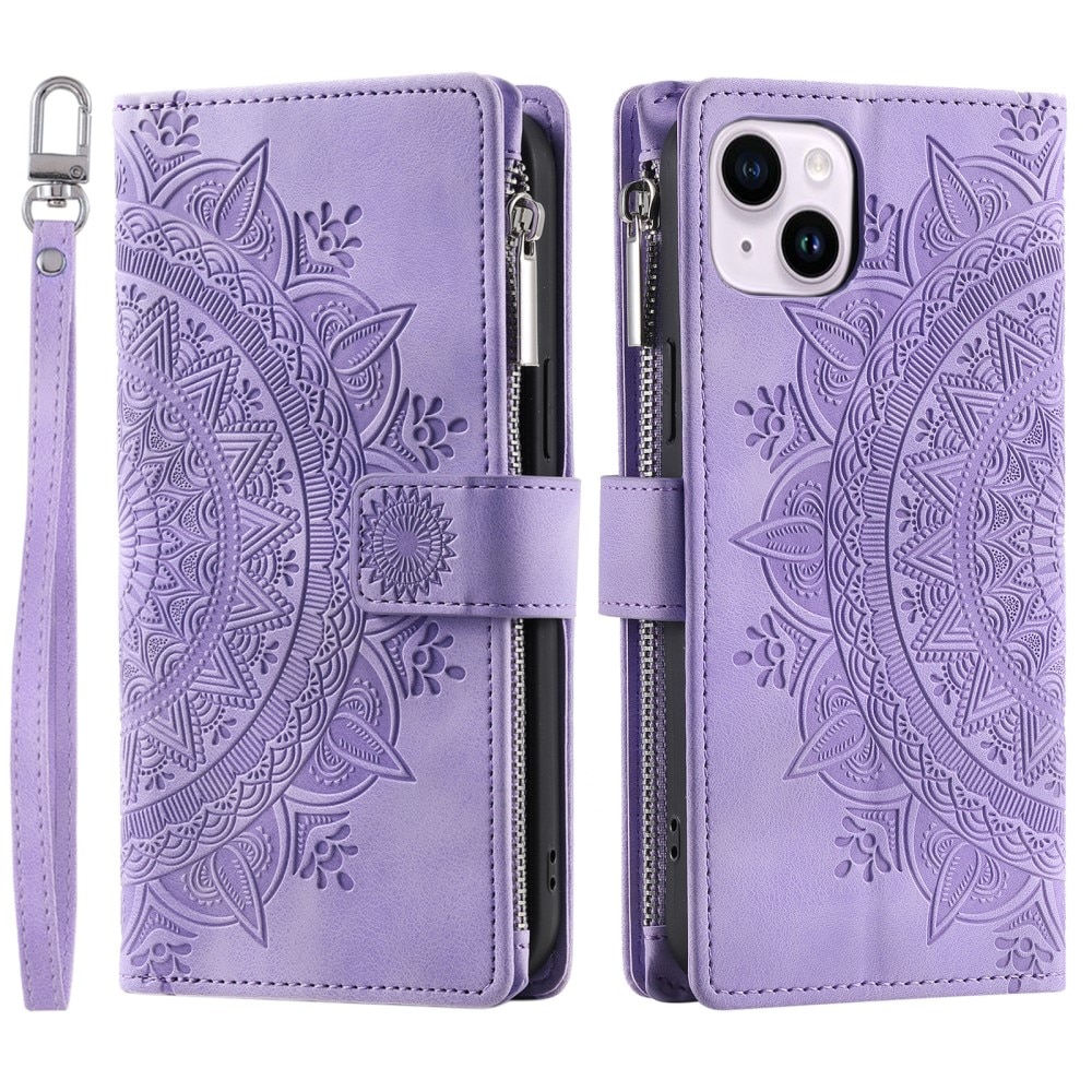 Étui portefeuille Mandala iPhone 15, violet