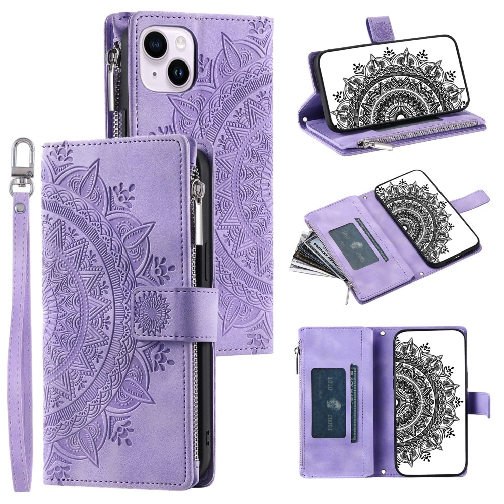 Étui portefeuille Mandala iPhone 15, violet