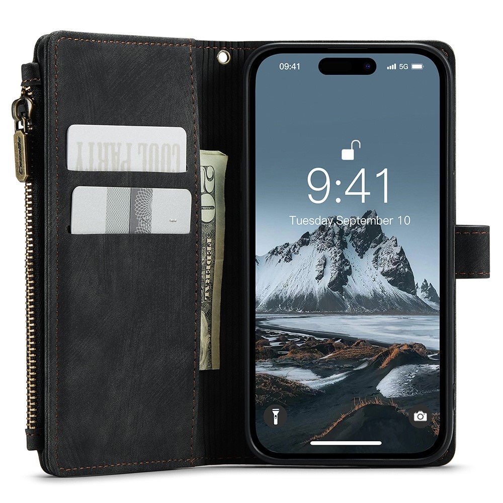 Étui portefeuille à glissière iPhone 15 Pro, Noir