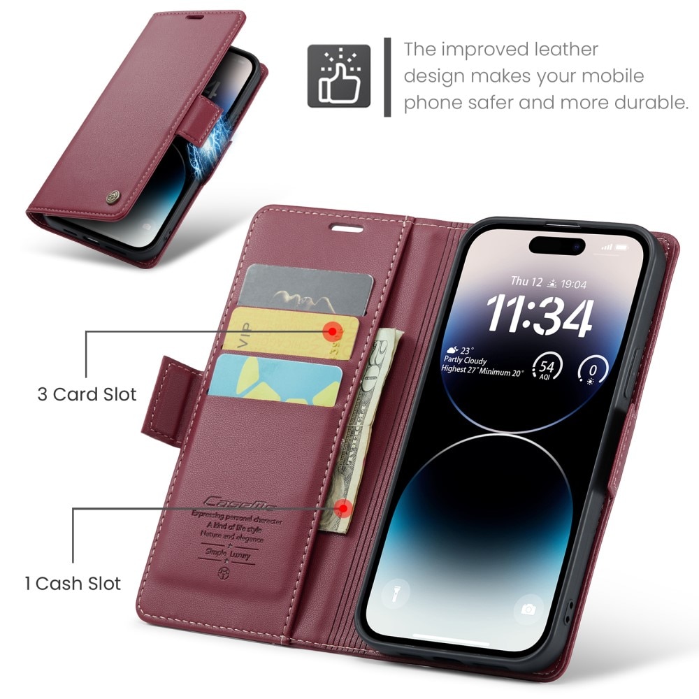 Étui portefeuille mince anti-RFID iPhone 15 Pro Max, Rouge