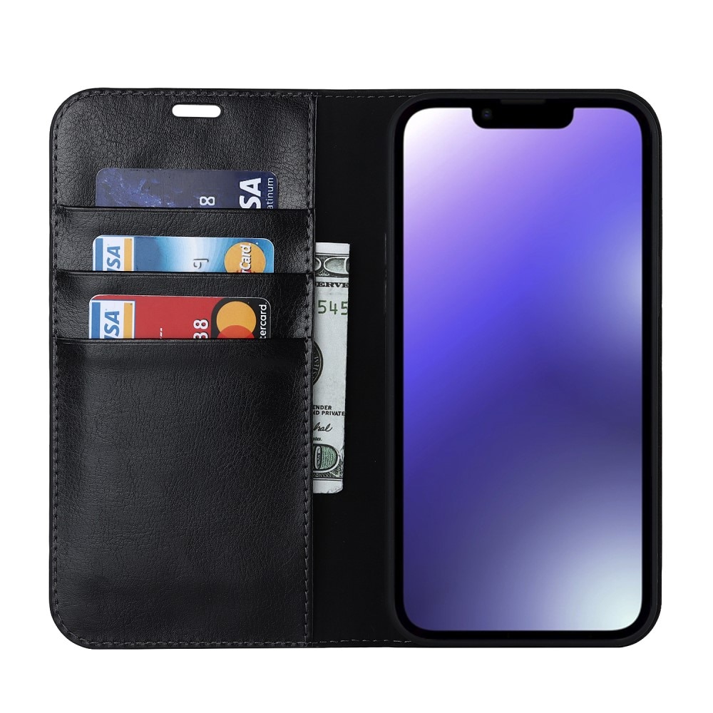 Coque portefeuille en cuir Veritable iPhone 15 Plus, noir