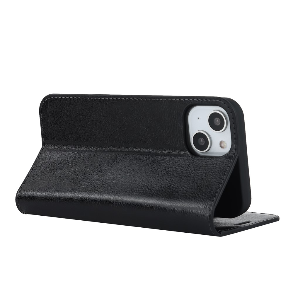 Coque portefeuille en cuir Veritable iPhone 15 Plus, noir