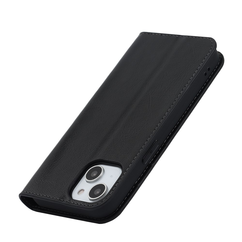 Coque portefeuille en cuir Veritable iPhone 15 Plus, noir