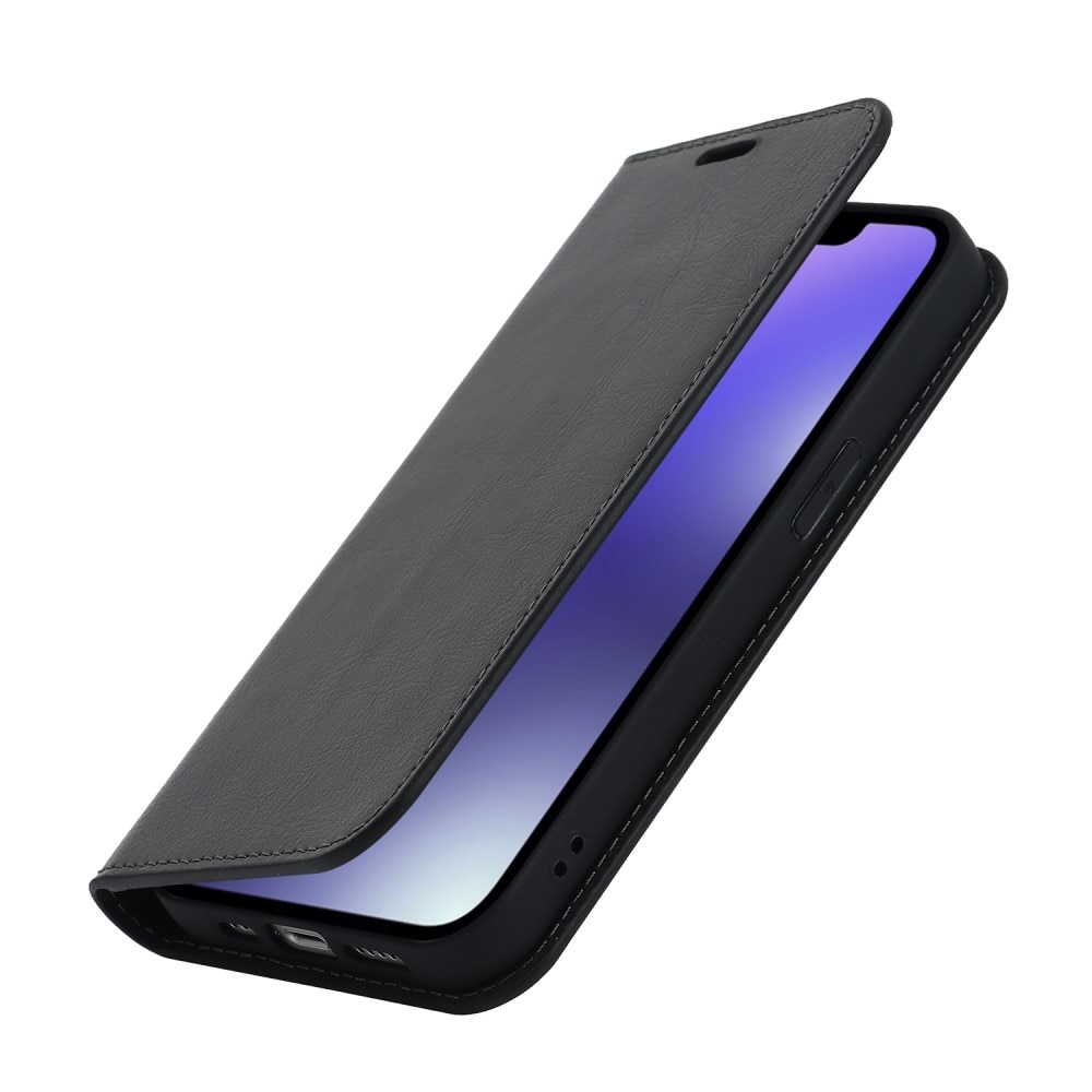 Coque portefeuille en cuir Veritable iPhone 15 Plus, noir