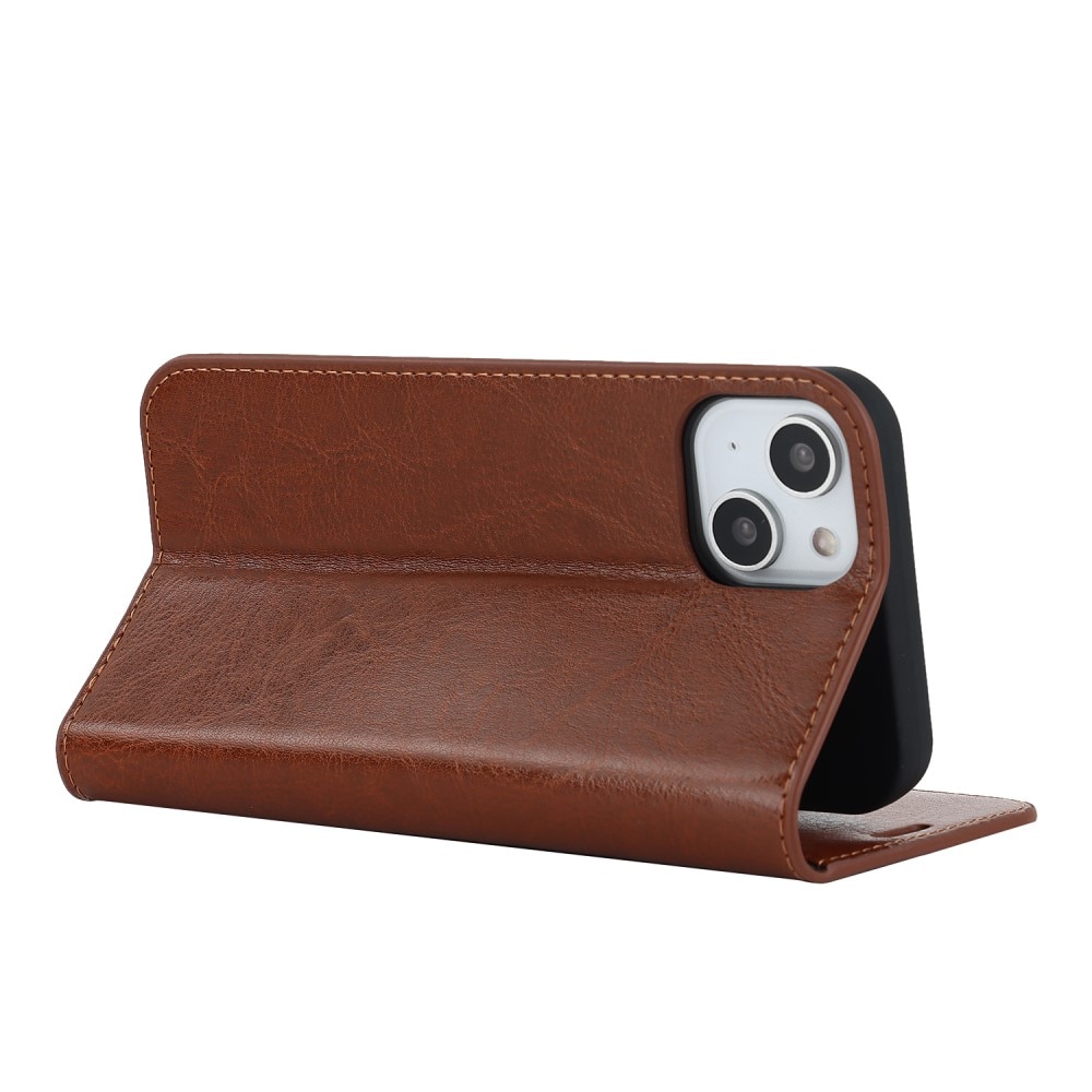 Coque portefeuille en cuir Veritable iPhone 15 Plus, marron