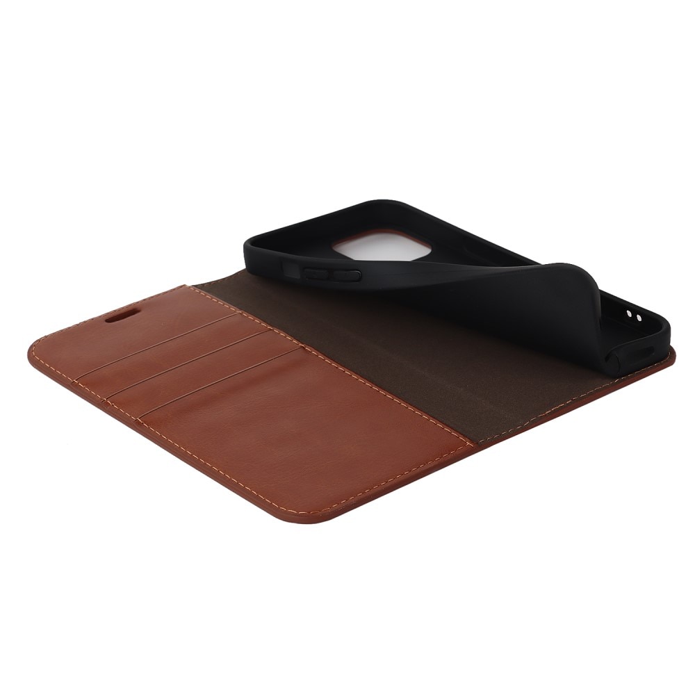 Coque portefeuille en cuir Veritable iPhone 15 Plus, marron