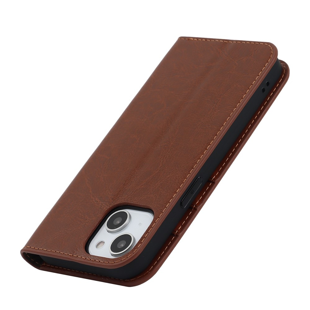 Coque portefeuille en cuir Veritable iPhone 15 Plus, marron