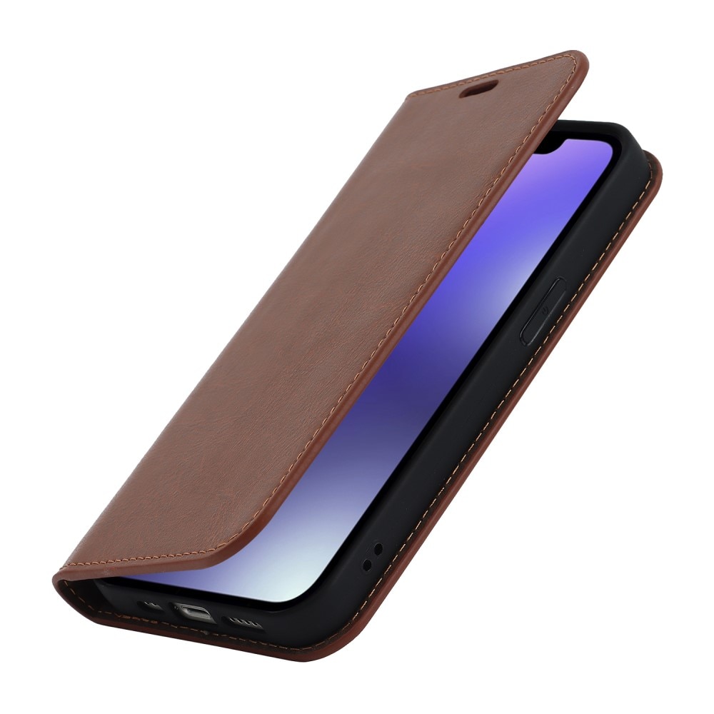 Coque portefeuille en cuir Veritable iPhone 15 Plus, marron