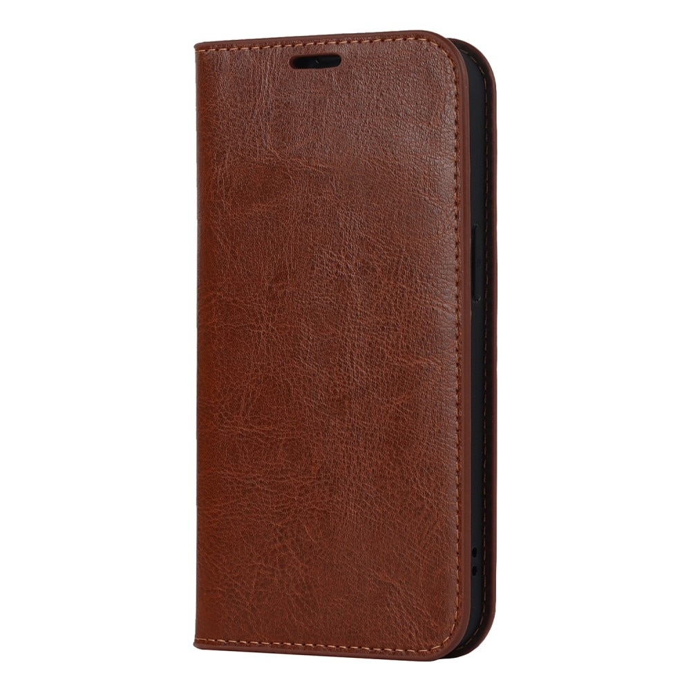 Coque portefeuille en cuir Veritable iPhone 15 Plus, marron