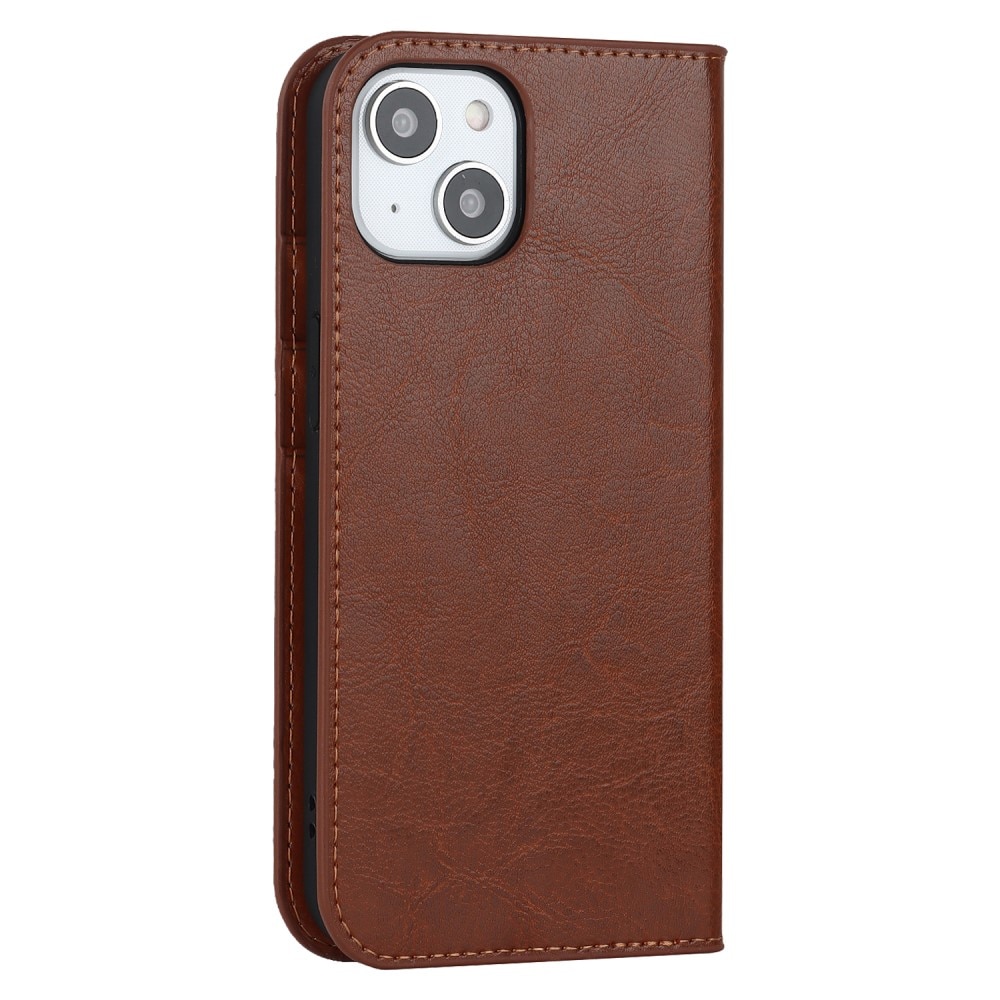 Coque portefeuille en cuir Veritable iPhone 15 Plus, marron