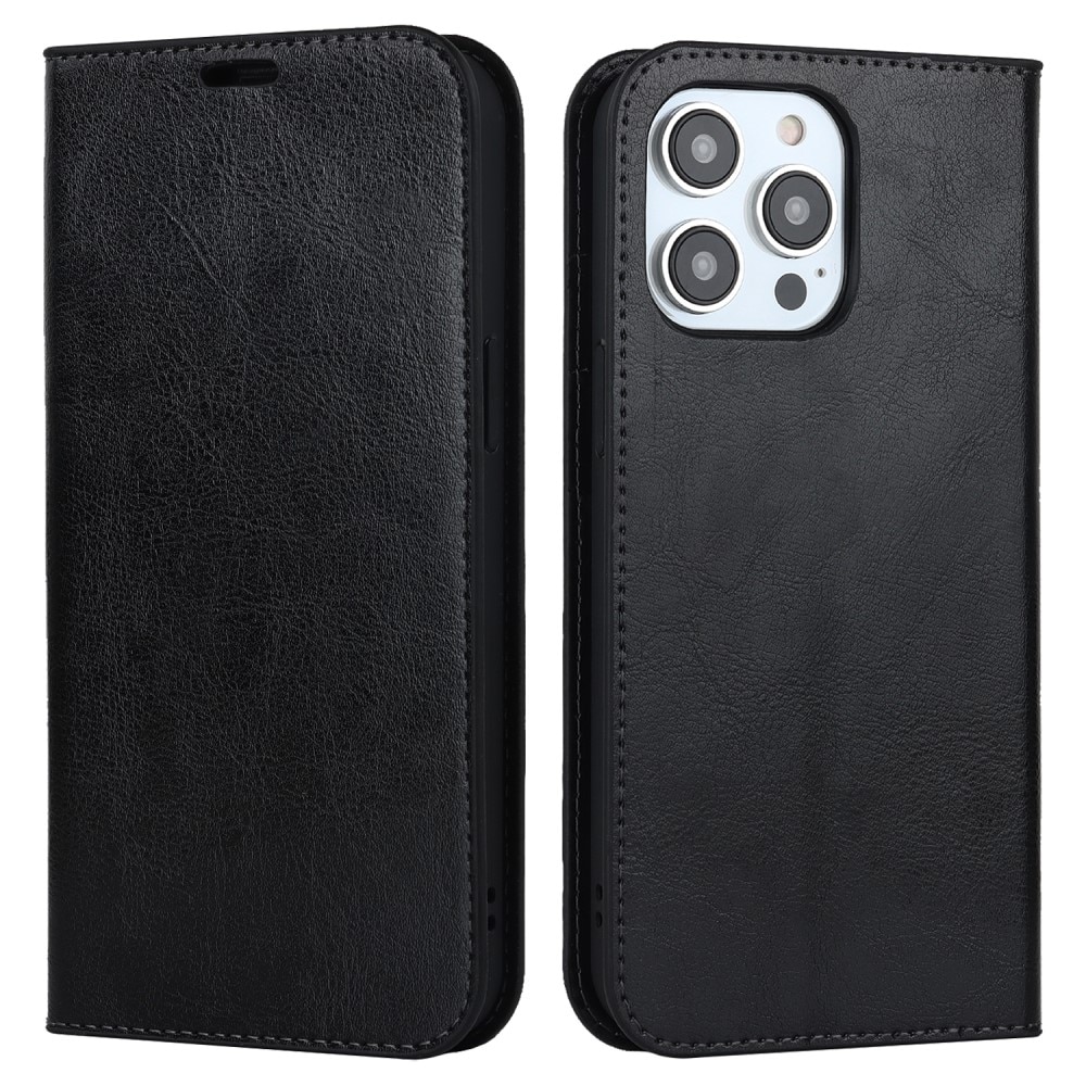 Coque portefeuille en cuir Veritable iPhone 15 Pro , noir