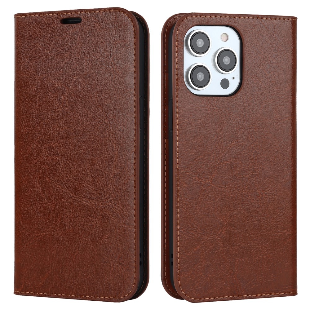 Coque portefeuille en cuir Veritable iPhone 15 Pro Max, marron