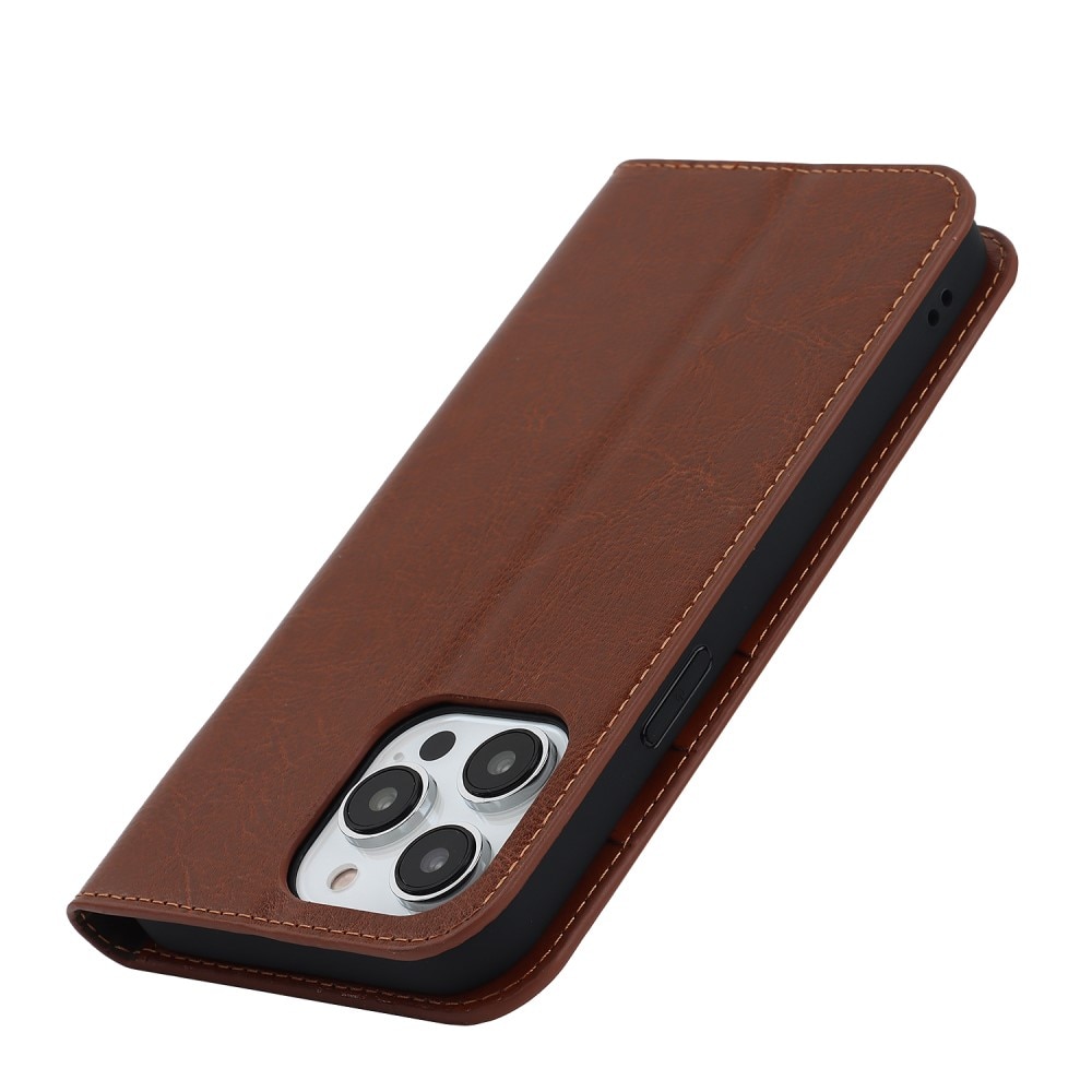 Coque portefeuille en cuir Veritable iPhone 15 Pro Max, marron