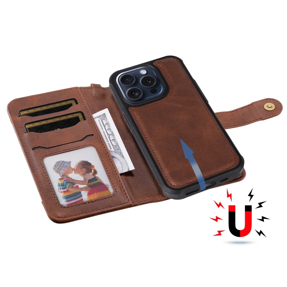 Magnet Leather Wallet iPhone 15 Pro, marron