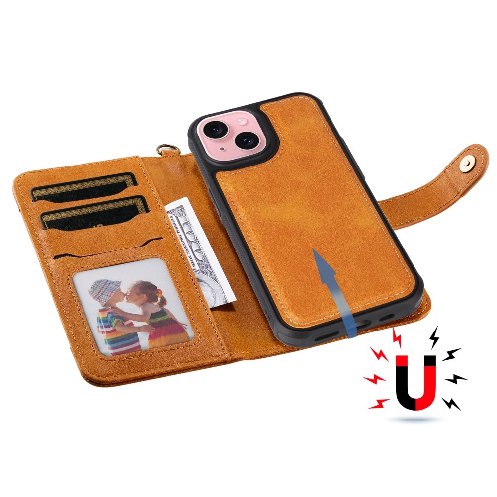 Magnet Leather Wallet iPhone 15, Cognac