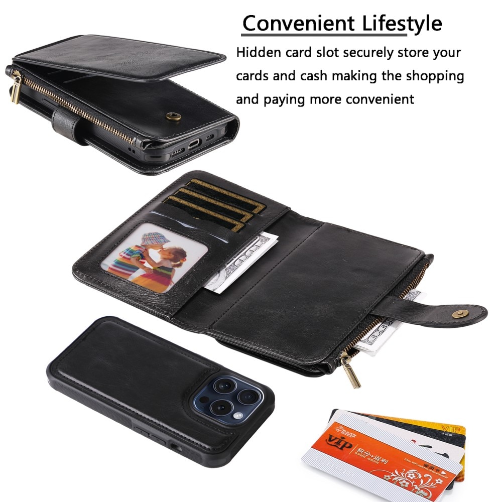 Magnet Leather Multi Wallet iPhone 15 Pro, noir