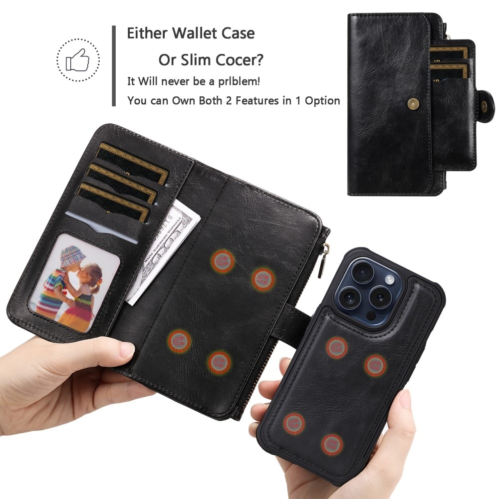 Magnet Leather Multi Wallet iPhone 15 Pro, noir