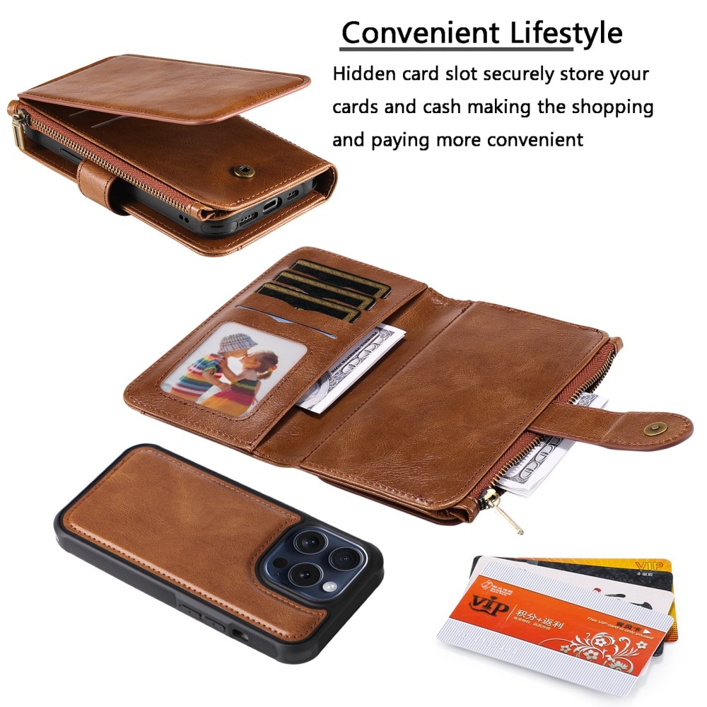 Magnet Leather Multi Wallet iPhone 15 Pro, marron