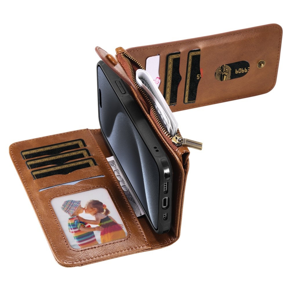 Magnet Leather Multi Wallet iPhone 15 Pro, marron