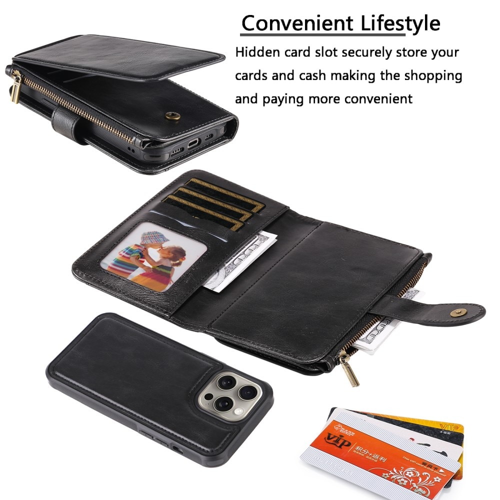 Magnet Leather Multi Wallet iPhone 15 Pro Max, noir