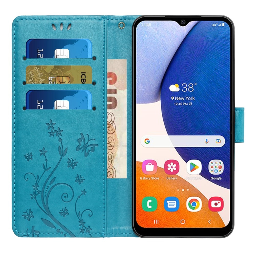 Étui en cuir à papillons pour Samsung Galaxy A15, bleu