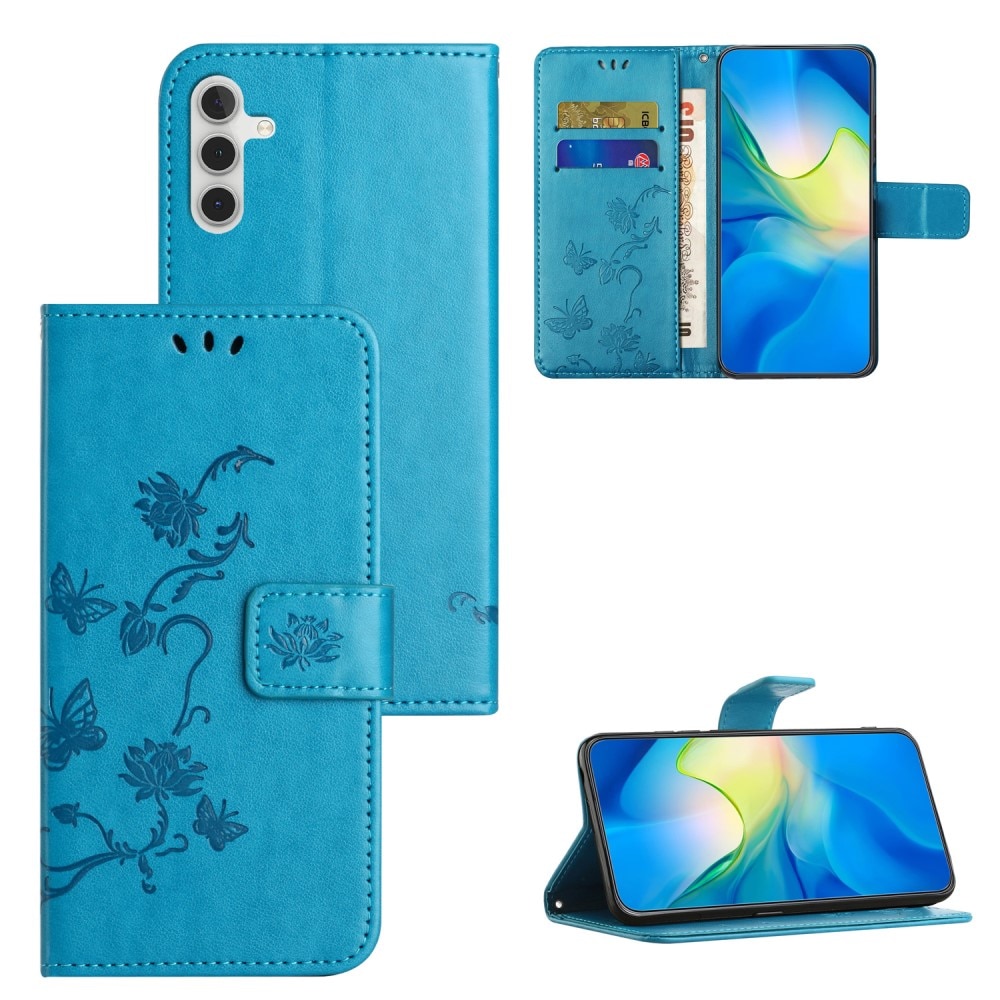 Étui en cuir à papillons pour Samsung Galaxy S24, bleu