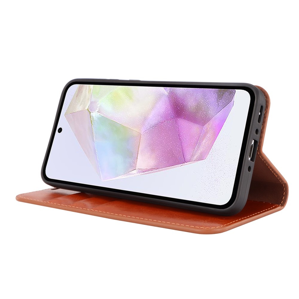 Coque portefeuille en cuir Veritable Samsung Galaxy A35, marron