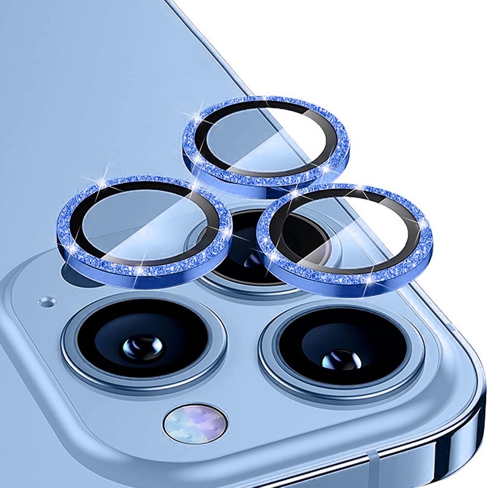 Protecteur d'objectif aluminium scintillant + Verre trempé iPhone 14 Pro Max, bleu