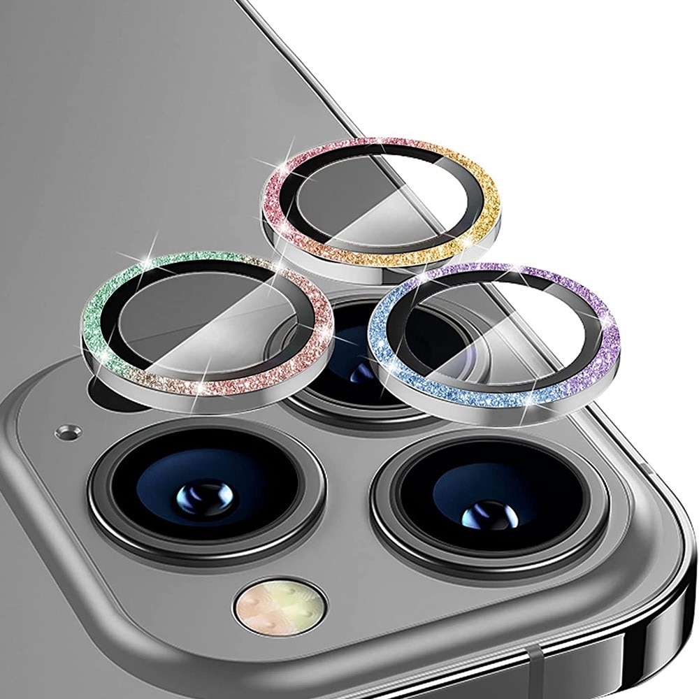 Protecteur d'objectif aluminium scintillant + Verre trempé iPhone 14 Pro Max, Arc-en-ciel