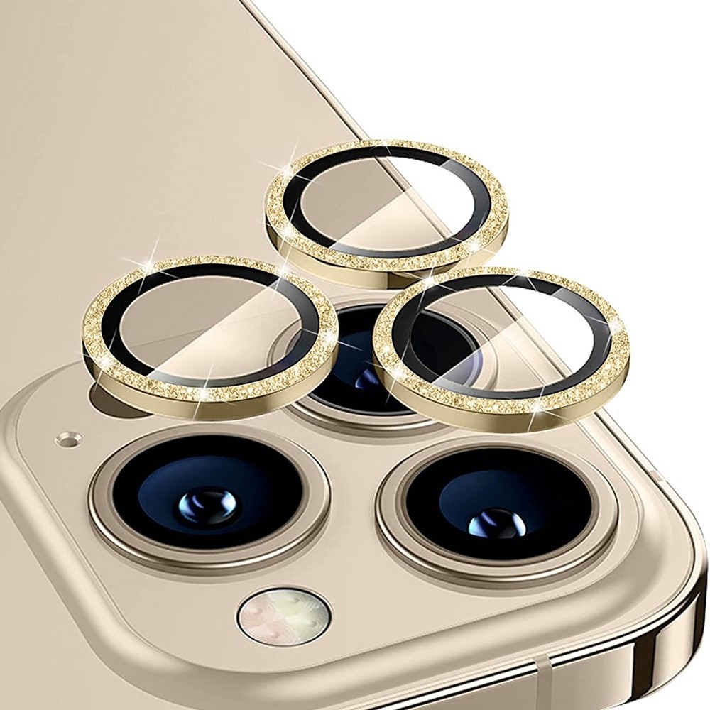 Protecteur d'objectif aluminium scintillant + Verre trempé iPhone 14 Pro Max, or