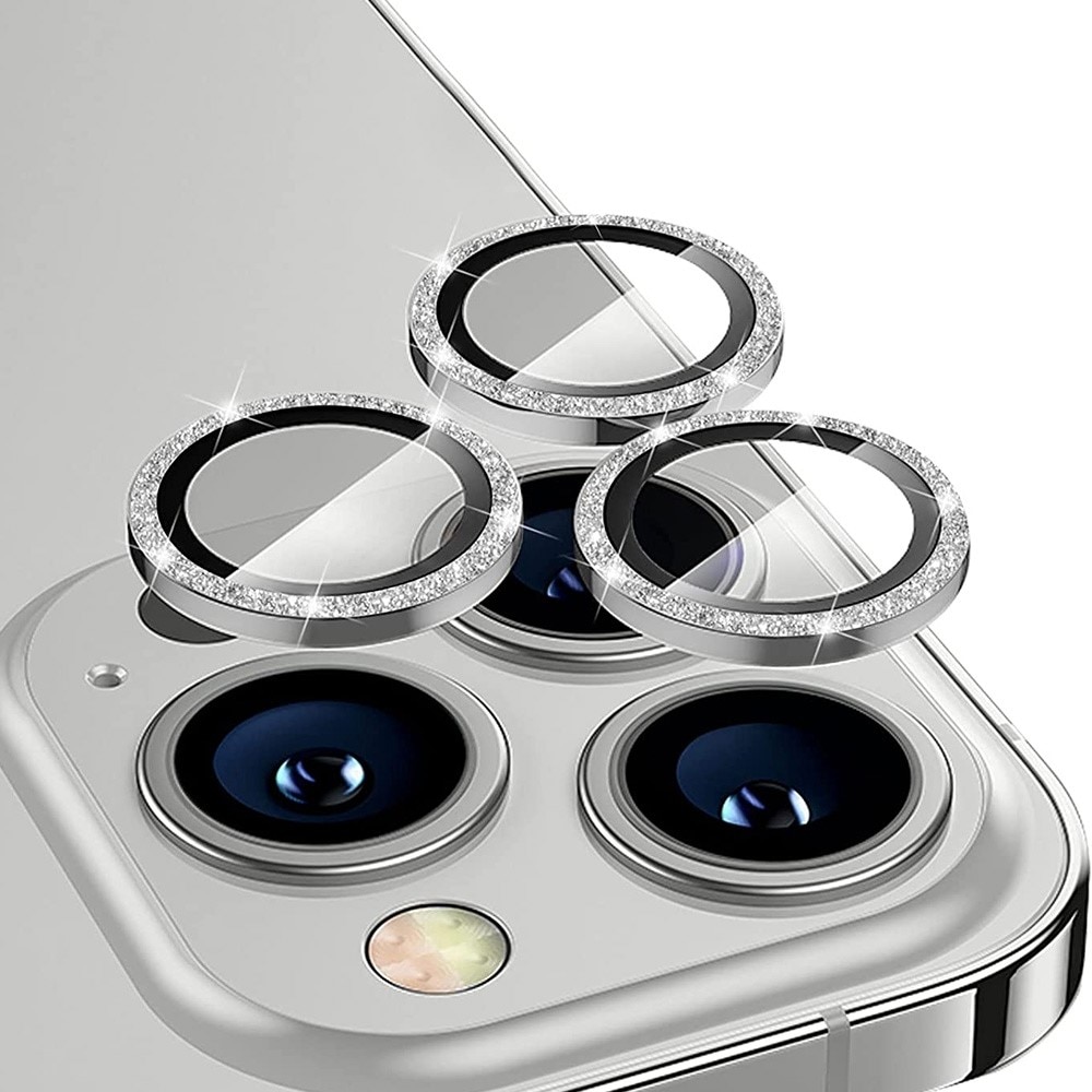 Protecteur d'objectif aluminium scintillant + Verre trempé iPhone 14 Pro Max, argent