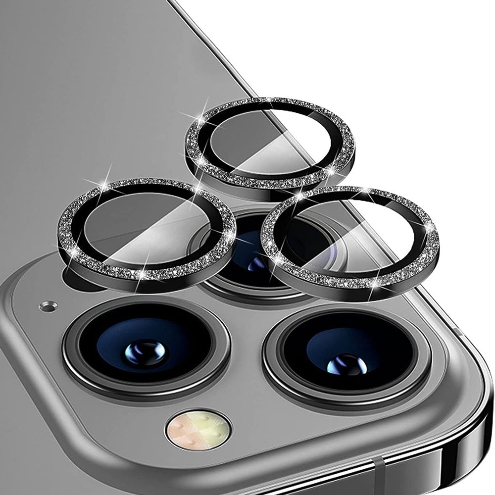 Protecteur d'objectif aluminium scintillant + Verre trempé iPhone 14 Pro, noir