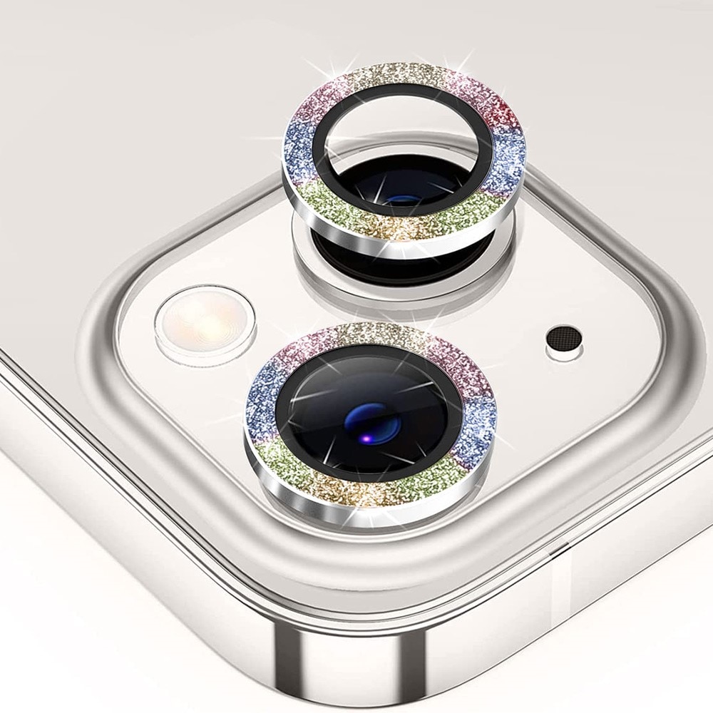 Protecteur d'objectif aluminium scintillant + Verre trempé iPhone 15, arc-en-ciel