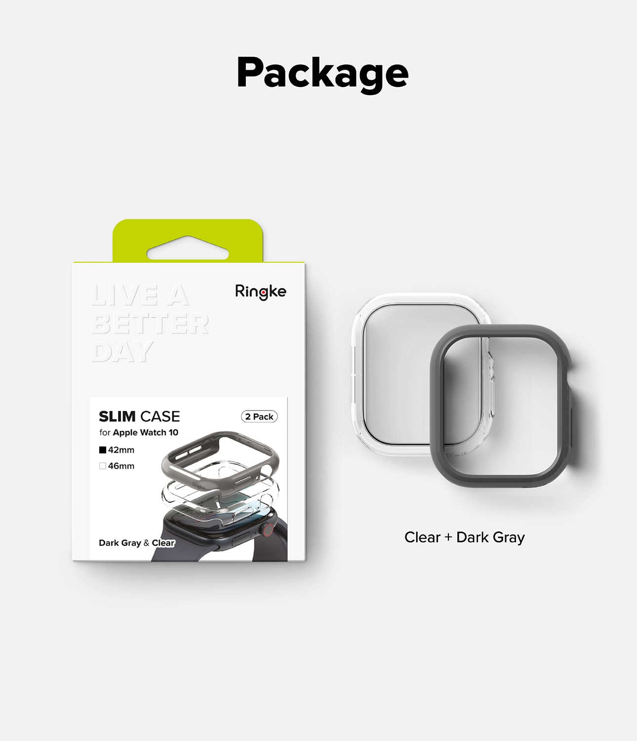 Coque Slim (2 pièces) Apple Watch Series 10 42mm, Dark Gray & Clear