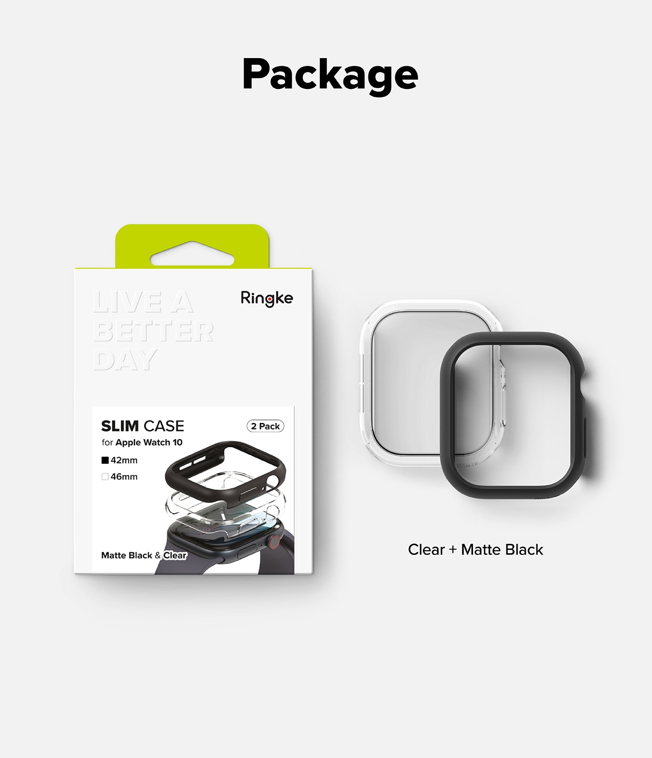 Coque Slim (2 pièces) Apple Watch Series 10 42mm, Matte Black & Clear