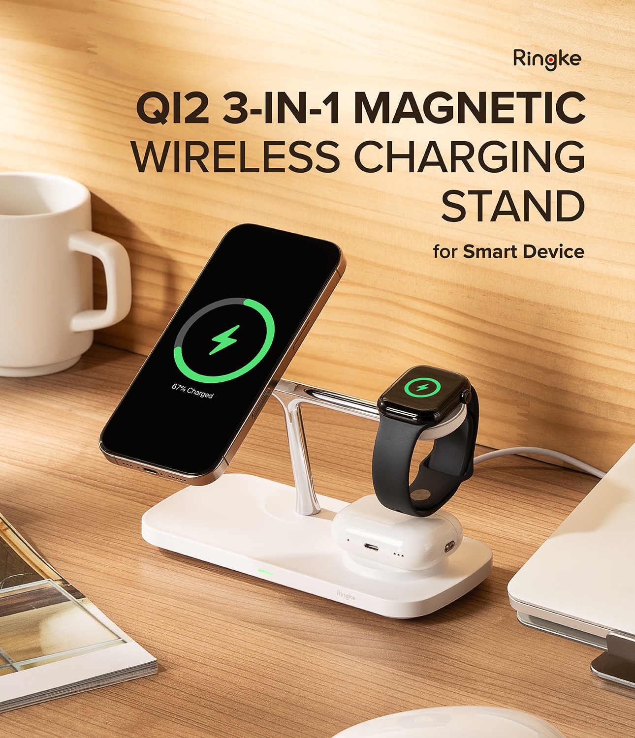 3-in-1 Wireless Charger Stand Qi2 MagSafe, blanc