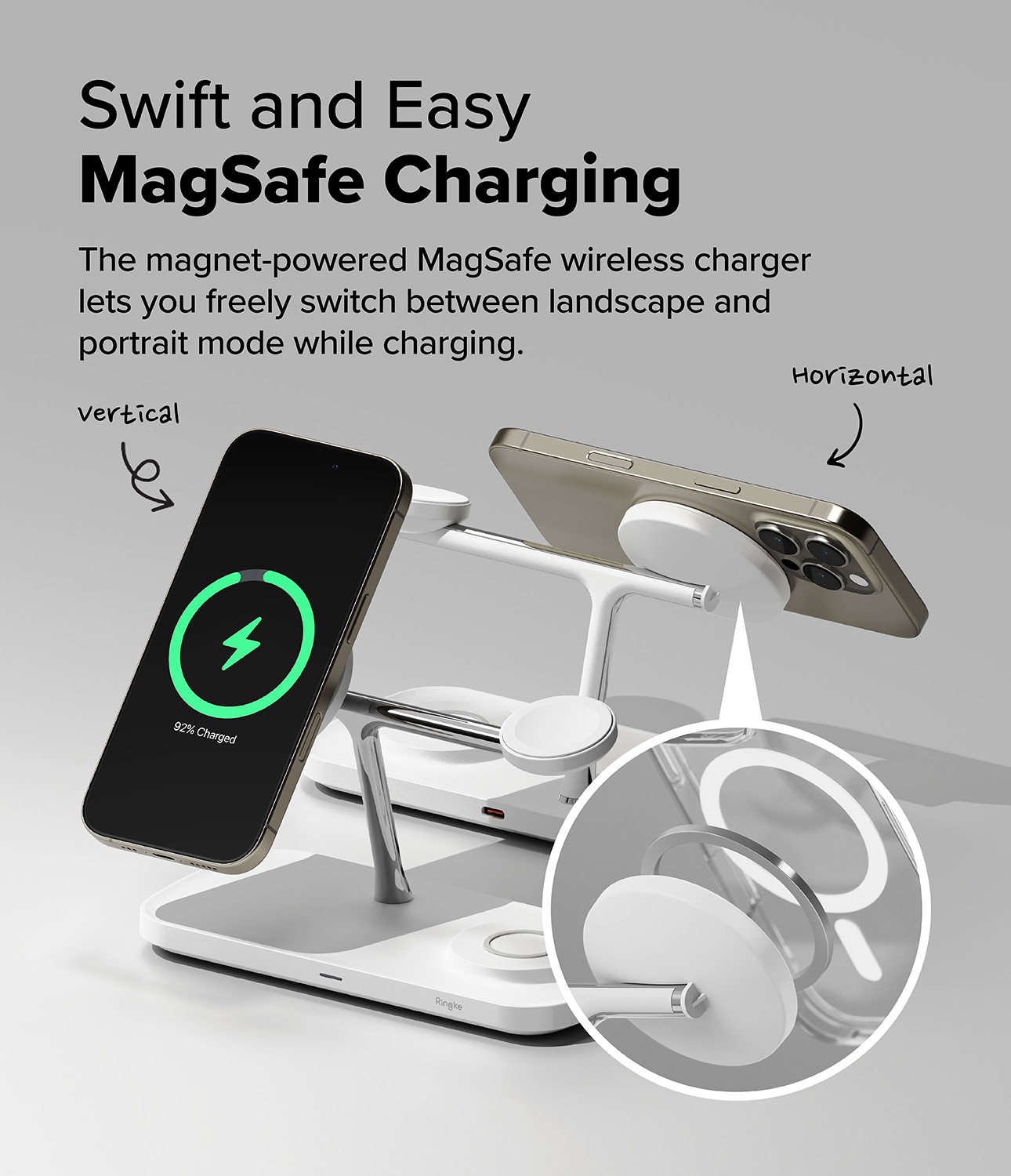 3-in-1 Wireless Charger Stand Qi2 MagSafe, blanc